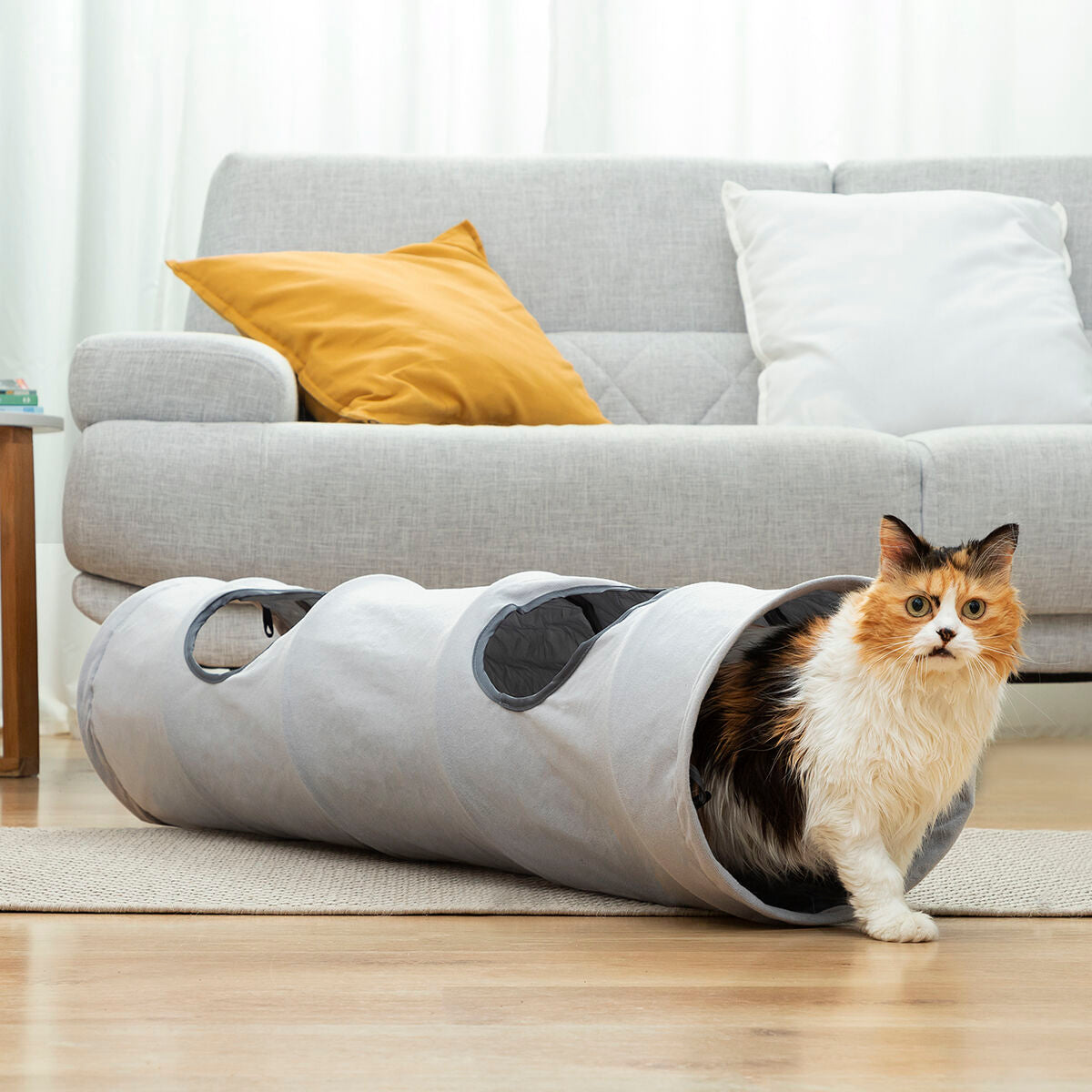 Túnel plegable para gatos con 2 ventanas (114 cm)